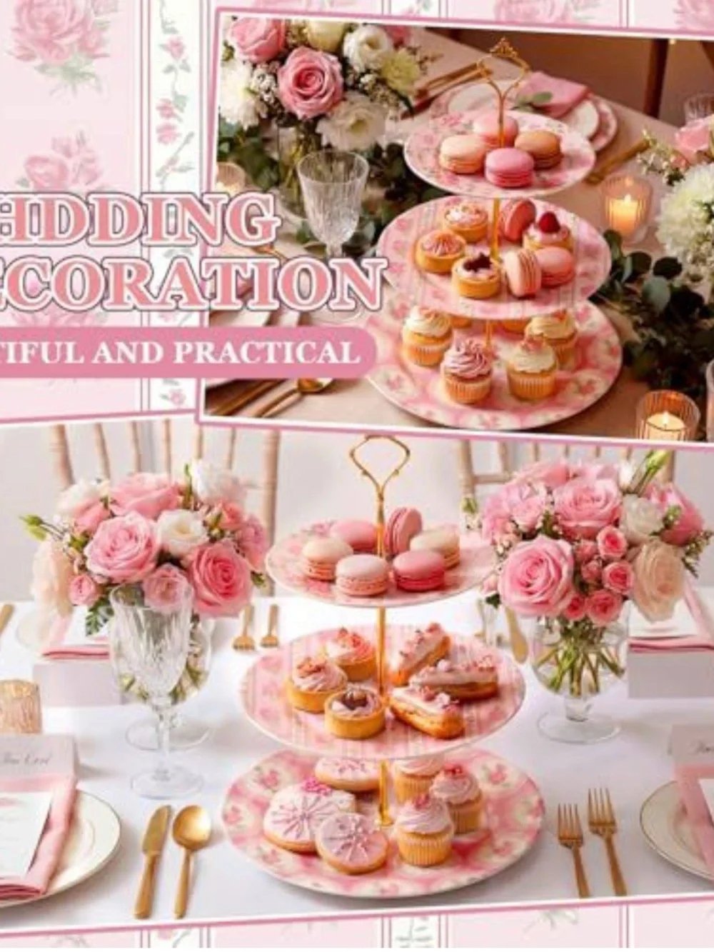 3-Tier Pink Floral Cake Stand with Gold Handle